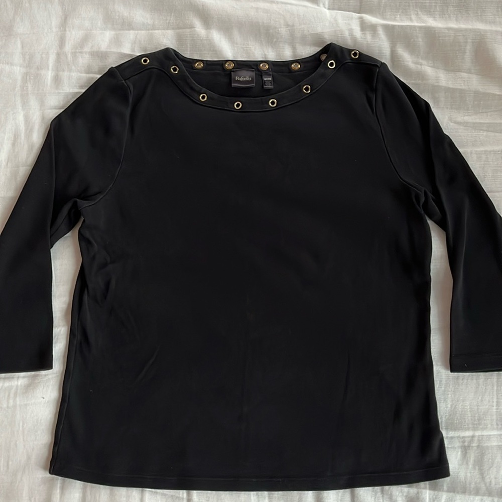 Rafaella Black 3/4 length long sleeve shirt with brass grommet accented collar